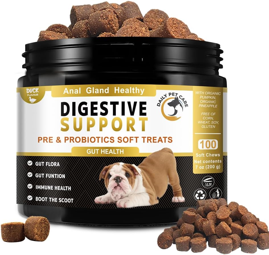 Probiotics for Dogs – Duck Flavour Digestive Chews for Dogs with Prebiotics & Enzymes – Dog Probiotic Chews for Sensitive Stomach, Gut Health & Digestion – Natural Dog Supplements for All Breeds