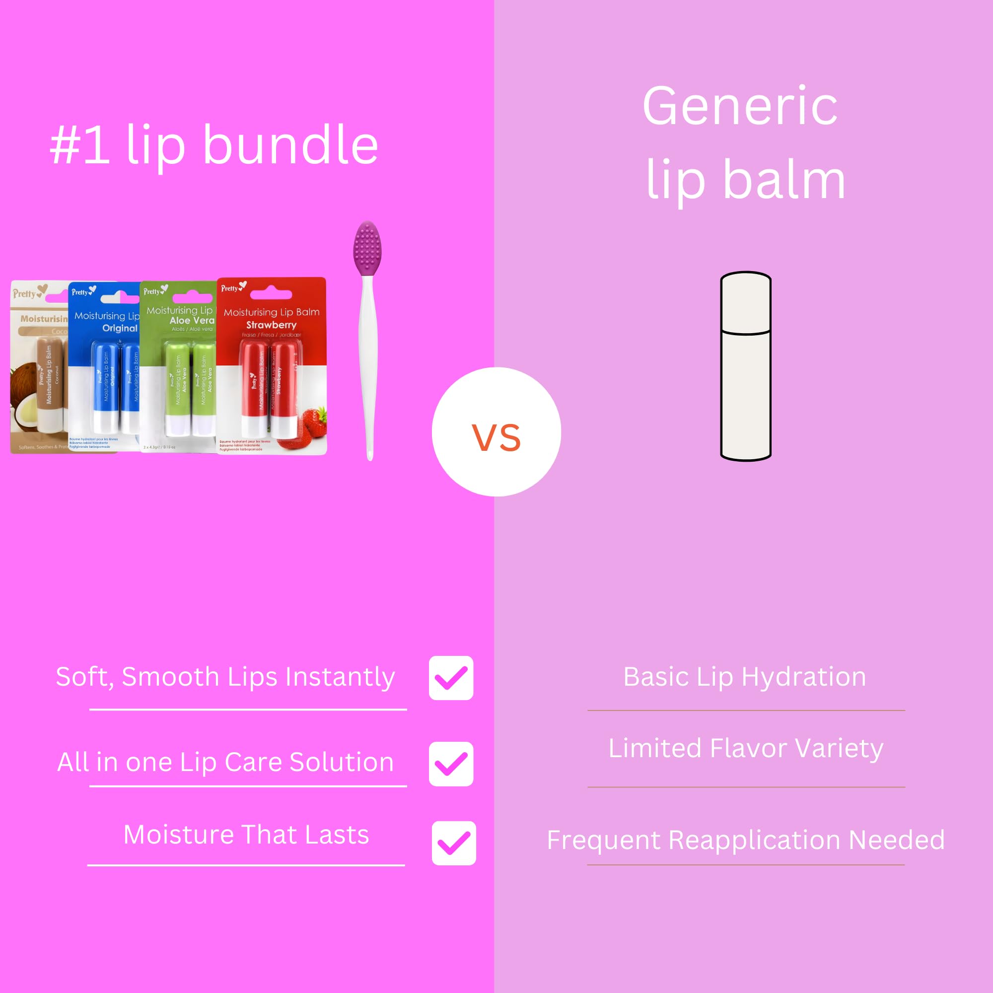 #1 Lip Care Bundle: Pretty Lip Balms Multi Pack (8 Pack) – Lipbalm for Dry Cracked Lips | 2 x Aloe Vera, 2 x Strawberry, 2 x Original, 2 x Coconut | Lip Salve Lip Balm Pack + Lip Brush Bundle