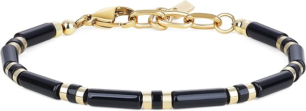 COAI Men's Bracelet in Black Stone and Natural Stones, Bracelet with Beads of Stones and Steel for Men