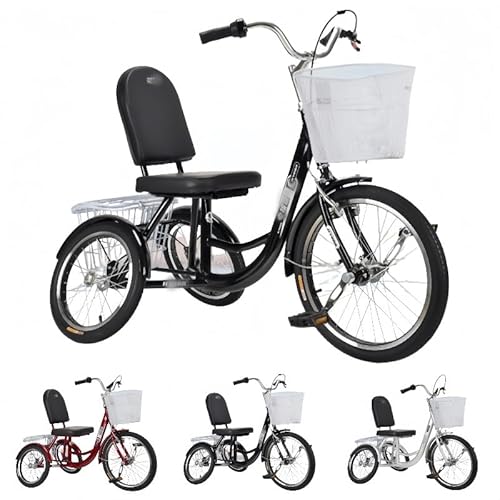 Zekono高齢者や大人向けの三輪自転車、前輪駆動、耐荷重250kg、高炭素鋼、バスケット付き、高さ調節可能、公園、買い物、初心者に適しています (八字ブラック前輪20インチ 後輪16インチ正新)
