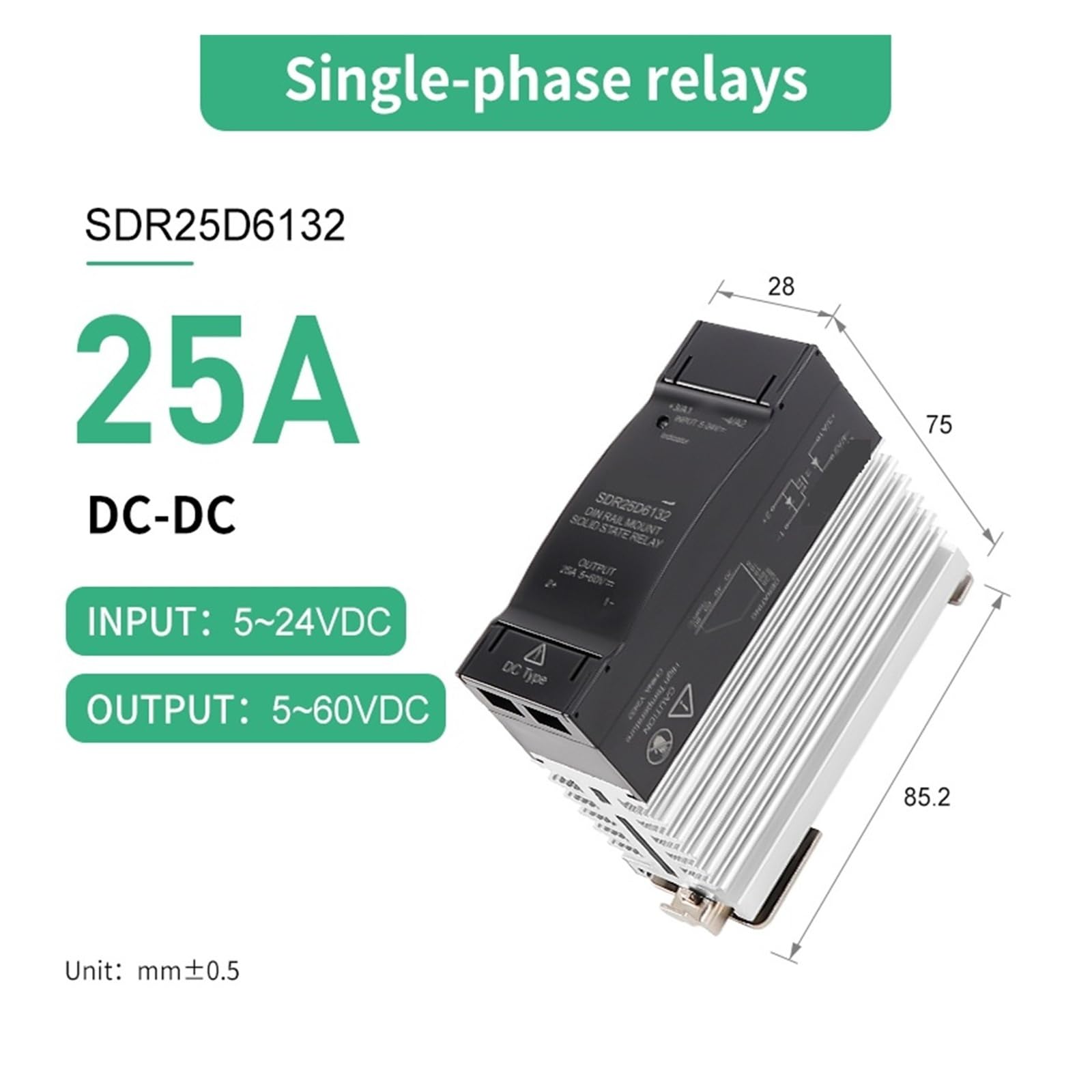 Relé de Estado sólido SDR25A2032 SSR 25A 5/12/24VDC Control 220VAC Carga Montaje en Carril DIN optoacoplador Aislamiento Mejorado Diss de Calor(SDR25D6132)