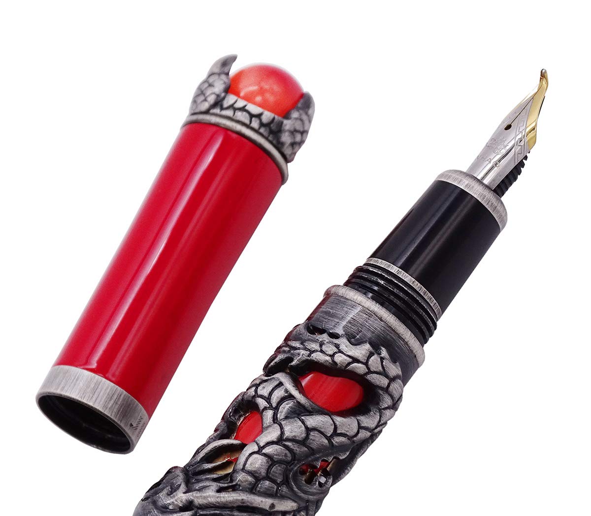 Amazon | Jinhao ドラゴン万年筆 ベントニブ 複雑なデザイン 赤い背景