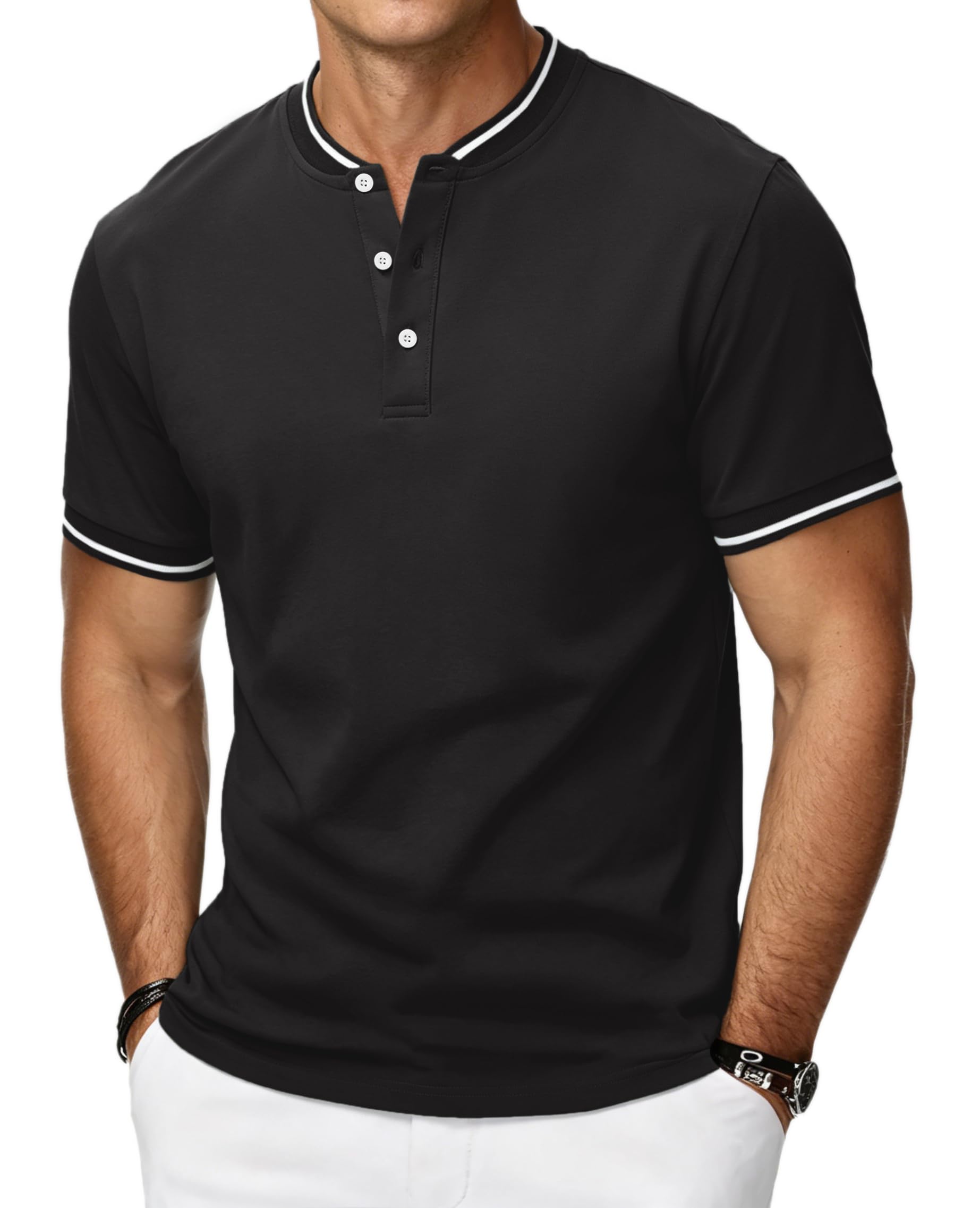 HMIYA Poloshirt Herren Kurzarm Atmungsaktiv Baumwolle Sommer Henley Knopfleiste Kontrastierender Einfassung Basic Golf T-Shirts