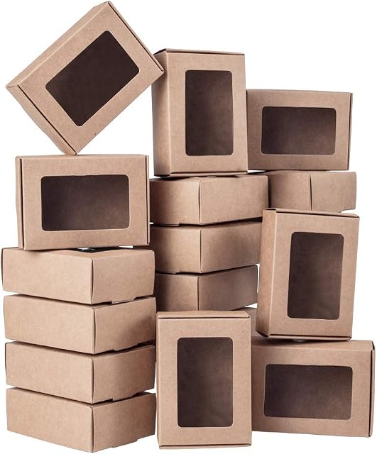 BENECREAT 30 Packs Brown Kraft Paper Boxes Small Gift Boxes with Clear Windows 8.5x6x3cm for Party Favor Treats, Bakery, and Jewelry Packaging