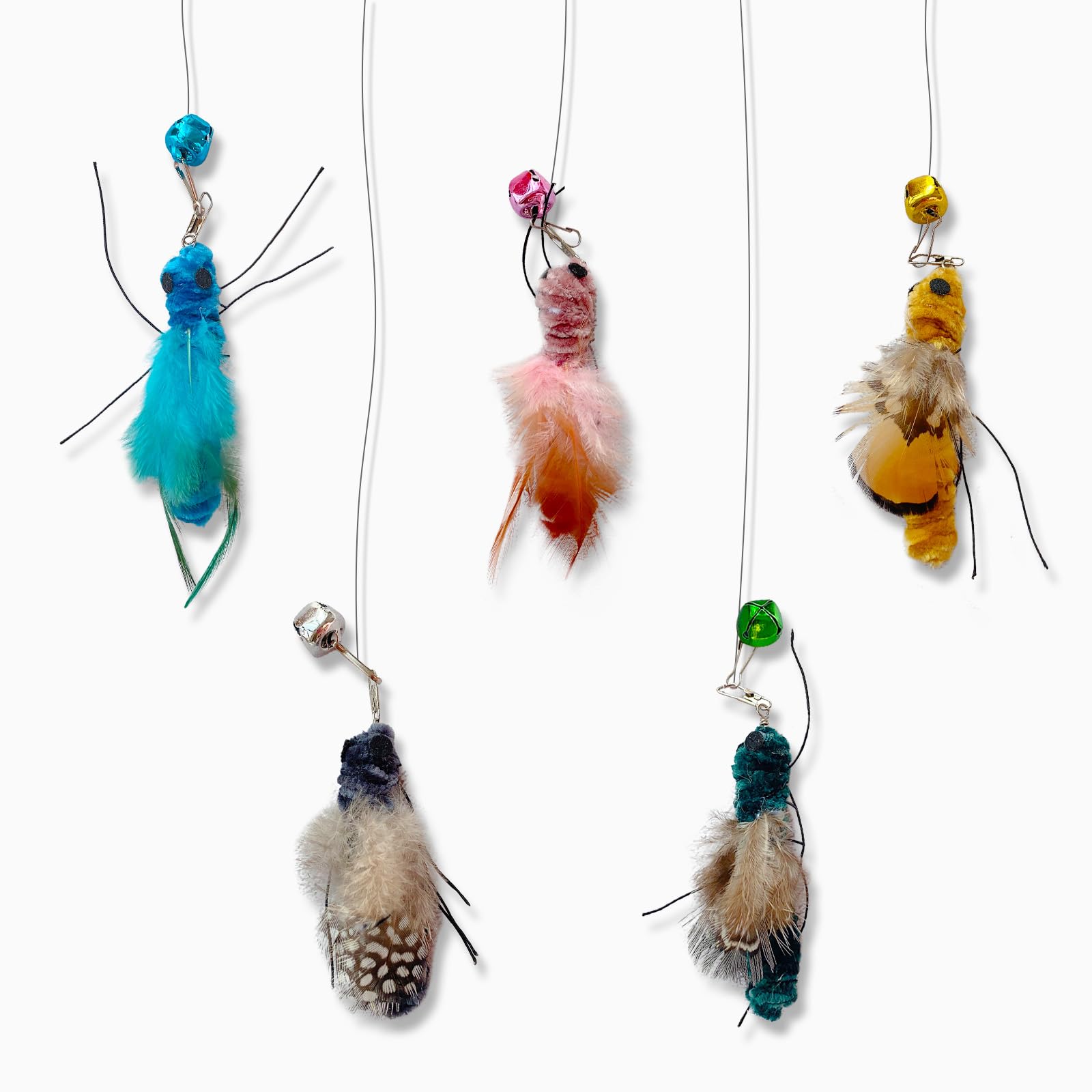 5-Piece Insect Replacement Set for Cat Toys - Wasp, Mantis, Beetle, Cicada & Cricket Shapes with Bells, Feather Refills for Cat Teaser Wand, Ideal for Indoor Cat Enrichment & Hunting Instincts