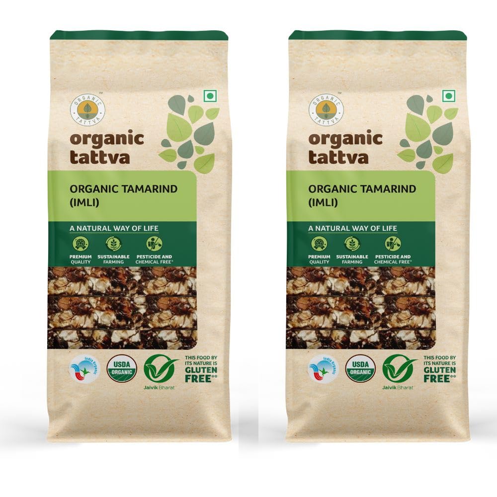 Organic Tattva, Organic Tamarind (Imli), 500 Gram | Naturally Gluten Free | Farm Picked Fresh Imli Sabut | Pesticide and Chemical Free | Tangy Flavour | Pack of 2