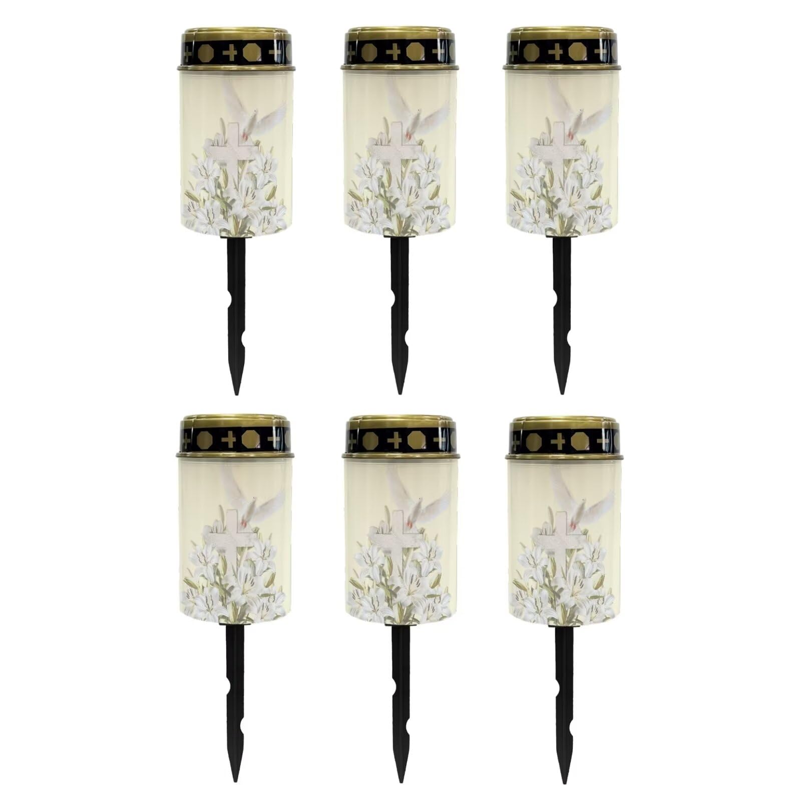 Poceacles Cross Solar Lights Outdoor Solar Powered Outdoor Grave Stake Solar Lights Solar Grave Lantern Landscape Lights Waterproof Cemetery Flameless Candles, Dove of Peace Lily Cross, Pack of 6