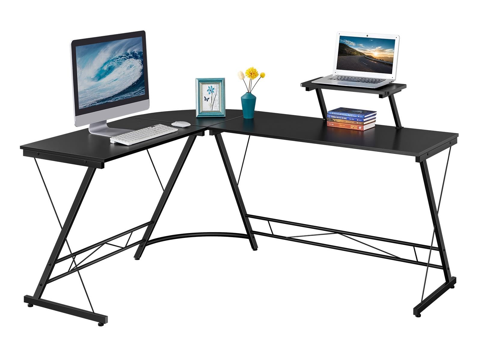 Yaheetech Escritorio en L Grande 162,5x130x96,5cm Mesa Escritorio Esquinero Escritorio Gaming en Forma de L Mesa Ordenador con Soporte Monitor para Oficina Despacho Negro