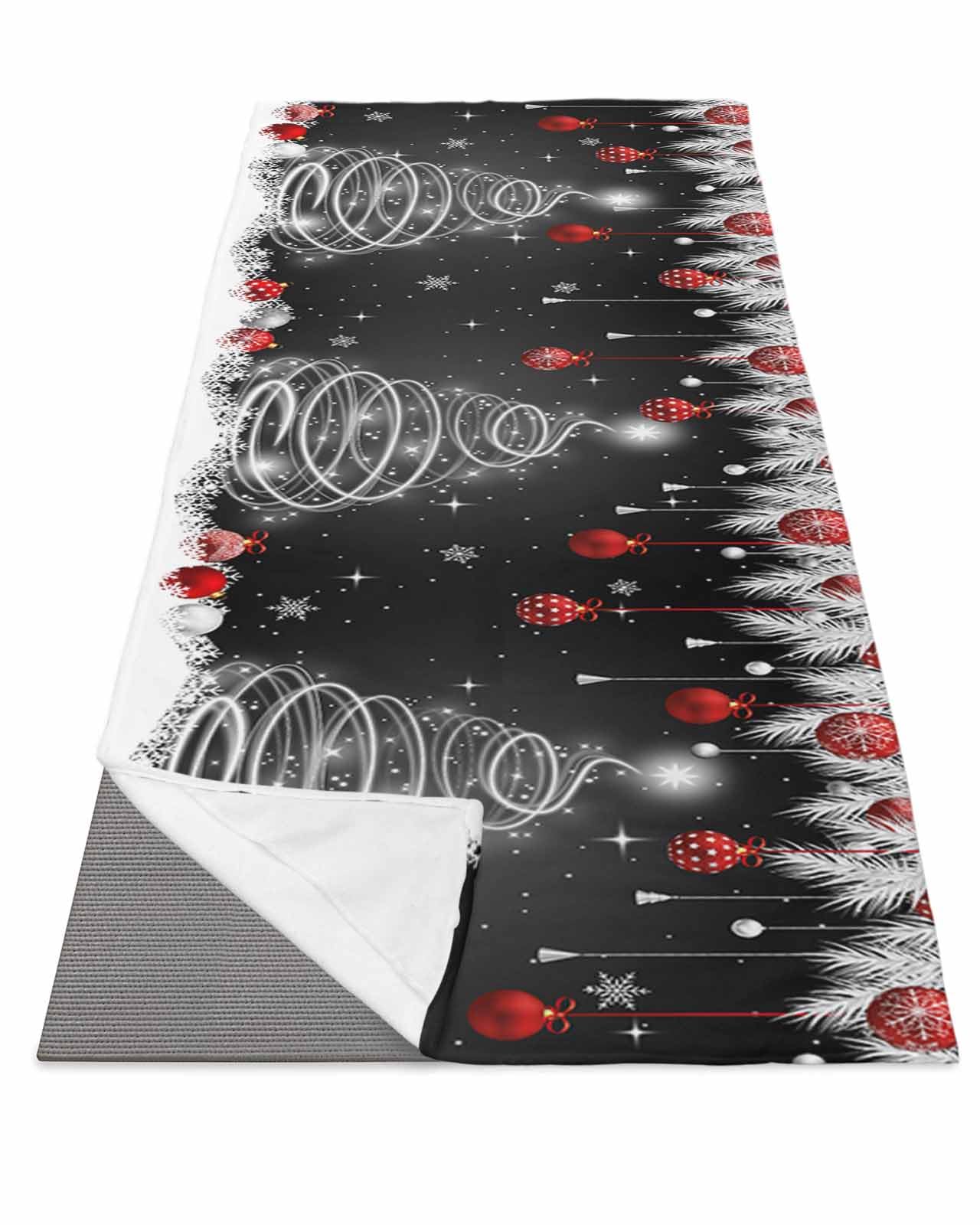 DecorLovee Yoga Mat Towel for Hot Yoga, Black Red Christmas Absorb Sweat Microfiber Yoga Towel Non Slip Yoga Mat Towel with 4 Corner Pockets for Bikram, Snow Xmas Tree Balls Botanical 26