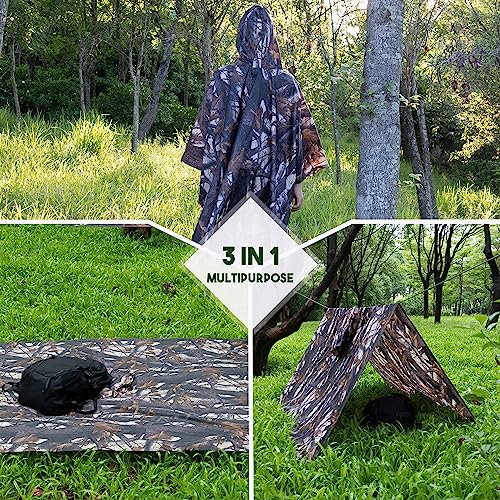 BALIGO 3-in-1 Mehrzweck Regenponcho Wasserdicht, Leicht & Schnell Trocknend, Poncho Herren & Damen, Camouflage Regenjacke, Tarnzelt, Tarnanzug, Regencape mit Kapuze für Wandern Camping Jagd