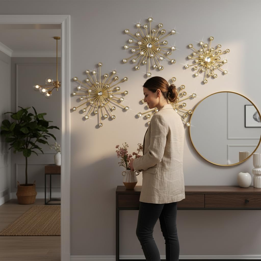 XYZWOMN 4 Pcs Gold Metal Wall Decor, Bling Crystal Sunburst Wall Art with Rhinestones, 3D Starburst Hanging Sculptures for Living Room Bedroom Entryway Home Decoration (12/10/8 Inch)