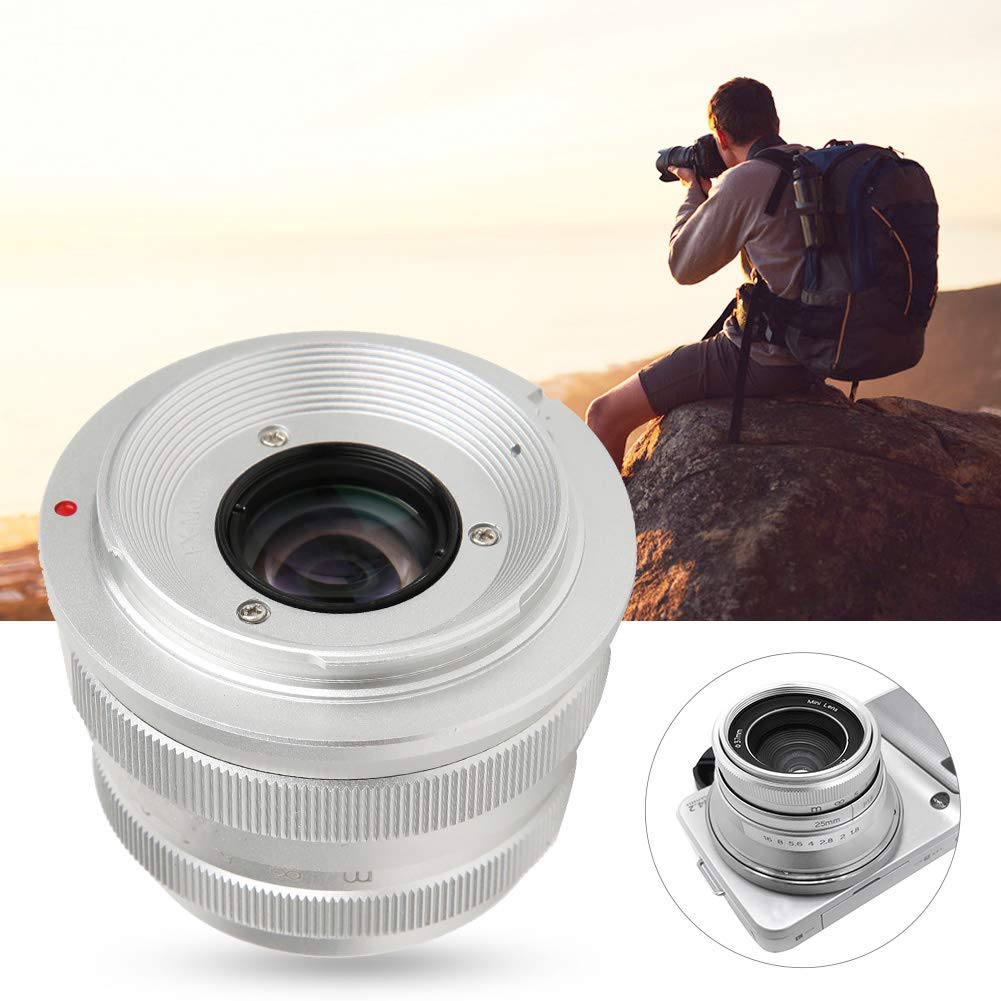 Yctze : Obiektyw Ręczny 25 Mm F1.8 NEWYI Szkło Optyczne 25 Mm F1.8 Srebrny Duża Przysłona Stała Ręczna Sceneria Humanistyczny Obiektyw Aparatu Szerokokątny o Dużej Przysłonie (Port E)