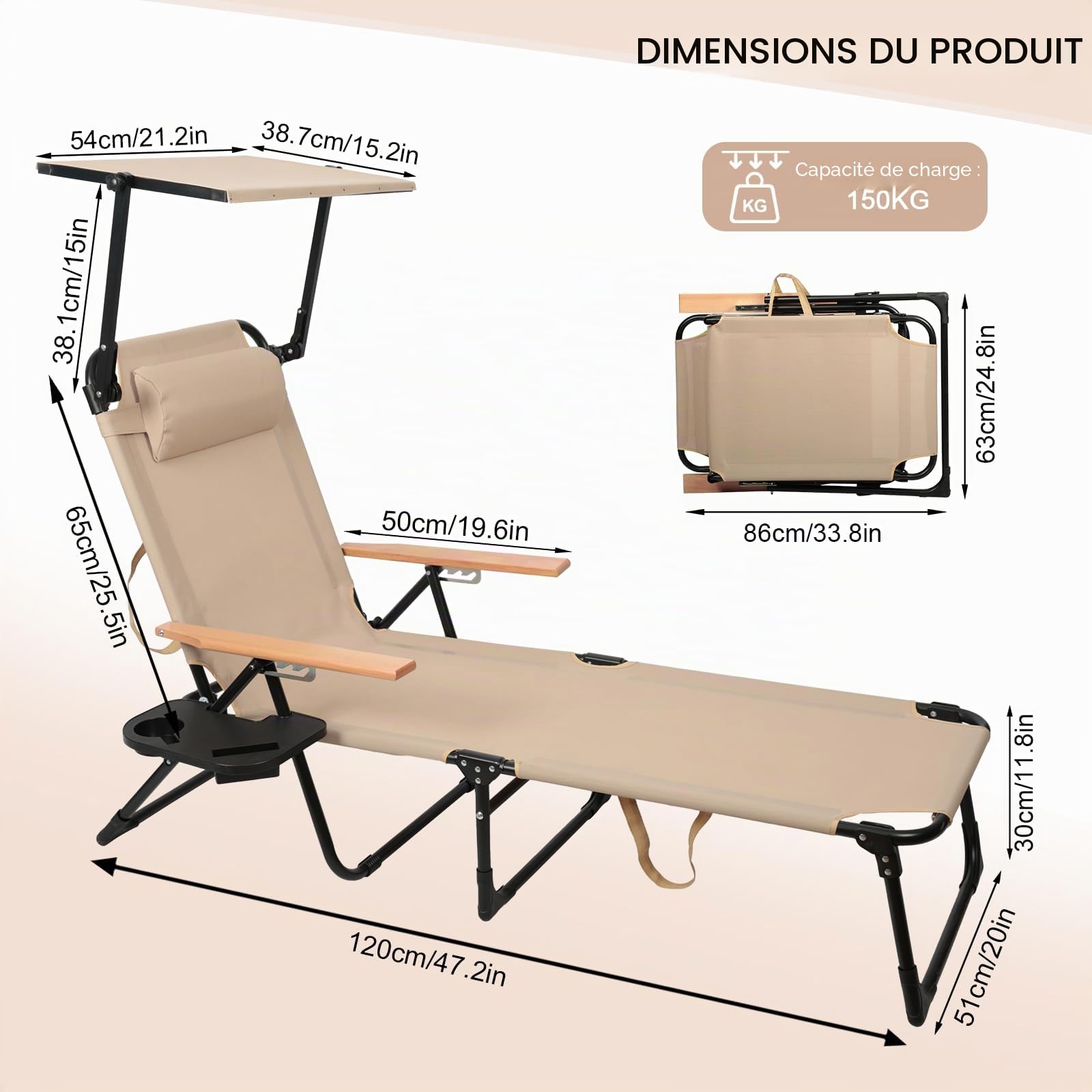 Chaise Longue Pliable Inclinable 4 Positions Transat, Charge Max 150KG, Transat Pliant Légère et Pliable, Fauteuil Relax Jardin pour Jardin Terrasse Piscine Plage Camping (Beige avec auvent)