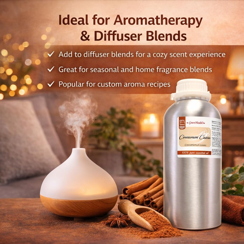 GreenHealth Cinnamon Essential Oil (Cassia) - 32 fl oz - 100% Pure Cinnamon Cassia Essential Oil - Aluminum Bottle - Aromatherapy Oil for Diffuser, Candle Making, Soap Making, DIY Blends