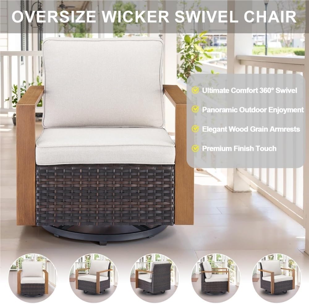 6 Piece Outdoor Patio Furniture Set with Propane Fire Pit Table Wicker Patio Conversation Sets with 2 Swivel Rocker Chairs Rattan Sofa and Removable for Deck Backyard(Blue)