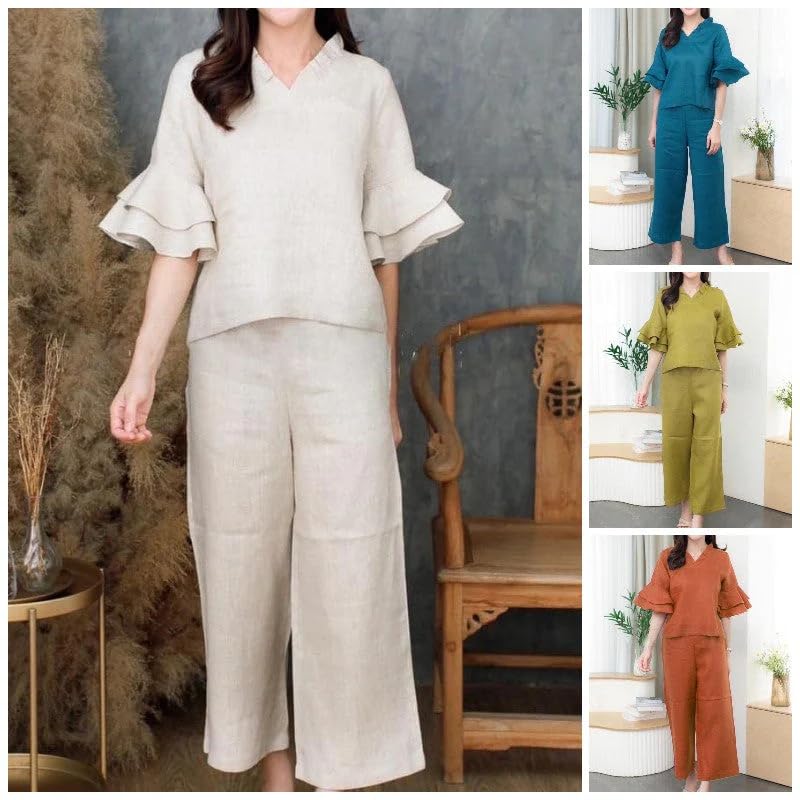Womens 2 Piece Linen Outfits Half Sleeve Crop Top Wide Leg Pants Linen Sets Lounge Matching Sets with Pockets4