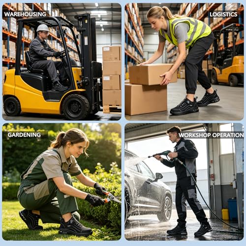 Image of Hogent Steel Toe Shoes for Men & Women, Anti-Smashing Puncture Resistant Lightweight Comfortable Cushioned Work Shoes, All-Day Wear Construction Safety Sneakers Black