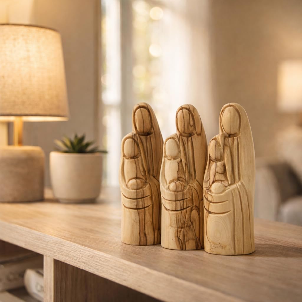 Zuluf Olive Wood Nativity Set 5.9" Holy Family – Hand Carved Joseph Mary Baby Jesus – Small Christmas Manger Scene Decor – Christian Religious Tabletop Display – Bethlehem Holy Land Handmade