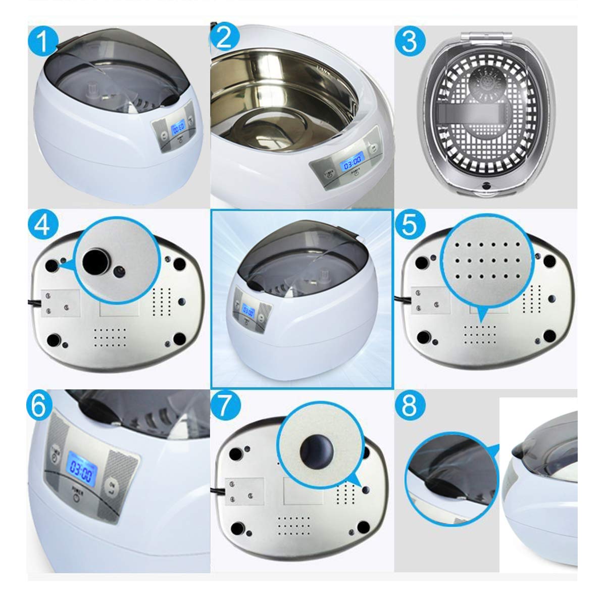 JHM-Pulitore Ad Ultrasuoni Gioielleria Protesi Cleaner Machine 750ML 43000Hz, Ultra Sonic Cleaner con Supporto per Orologio per Pulizia Collane Anelli Occhiali Orologi Monete Rasoi