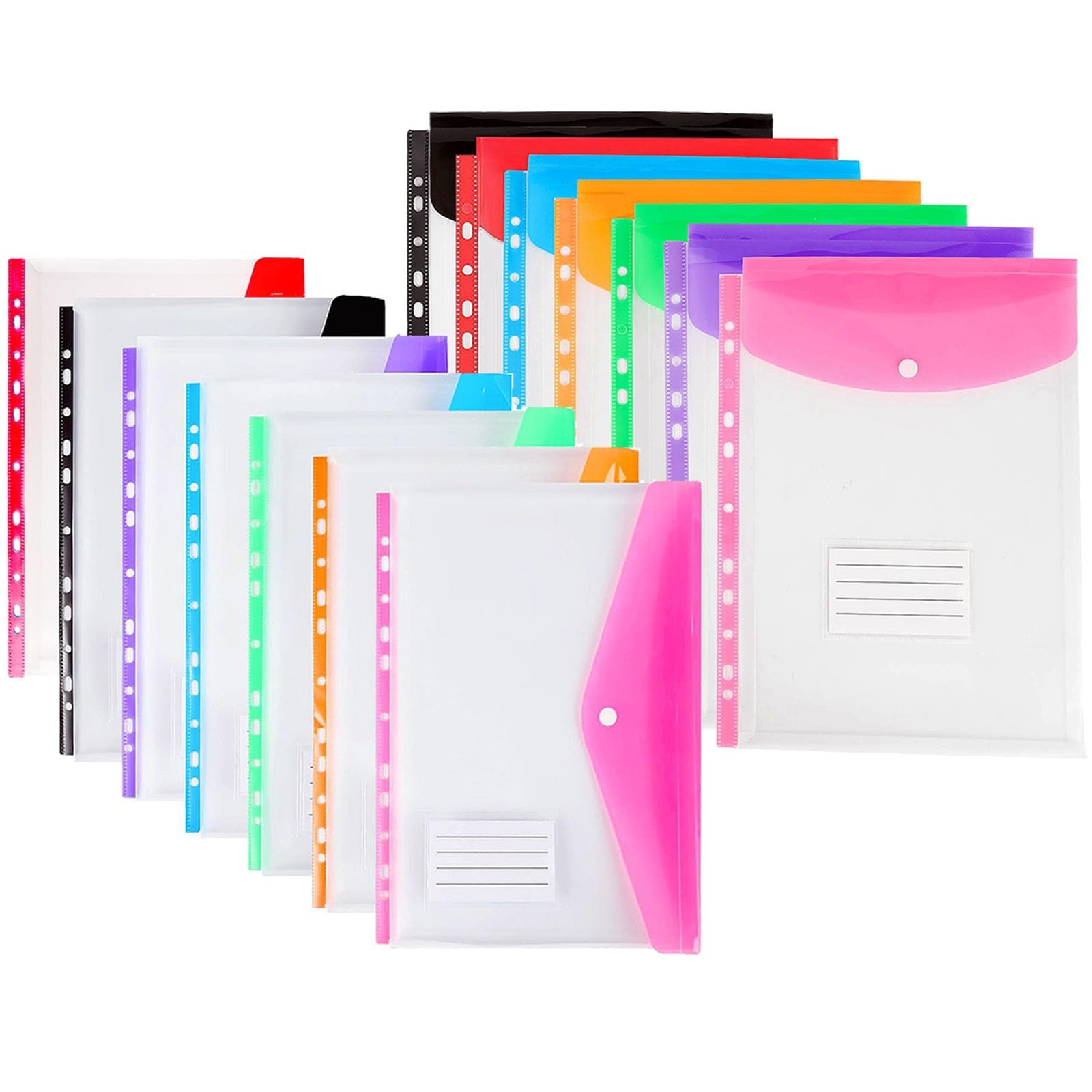 14PCS Plastic Wallets A4 Punched Pockets, 11 Holes Expandable Binder Folders for 2/3/4 Ring Document Pouch with Snap Button & Label Loose-Leaf Transparent for Office School Home (T7S7)