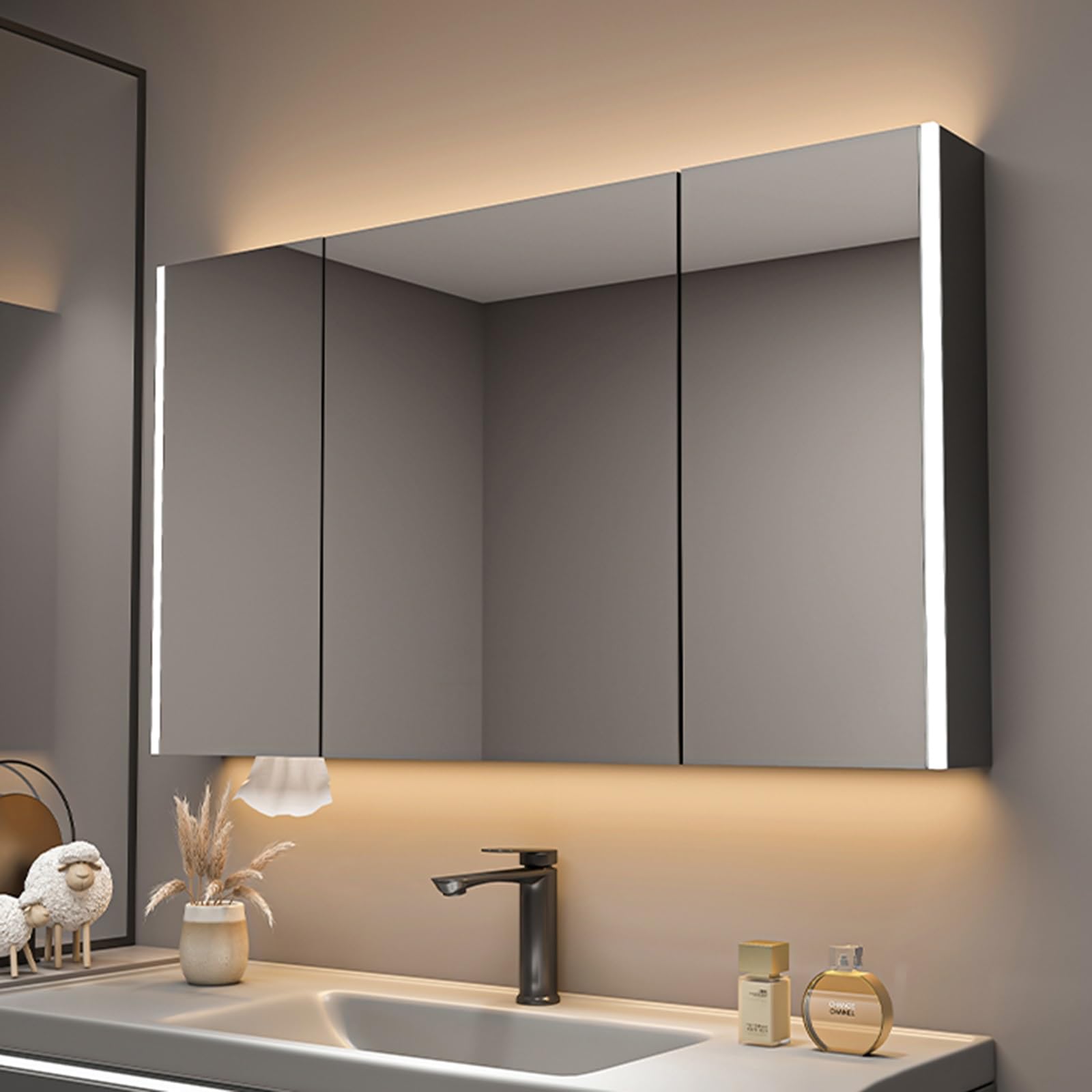 Armario espejo baño con luz y estantes, armario espejo baño, mueble espejo baño con luces LED, puertas dobles, gabinetes de medicina con luz de espejo y estante de almacenamiento ajustable(120CM/47.2I