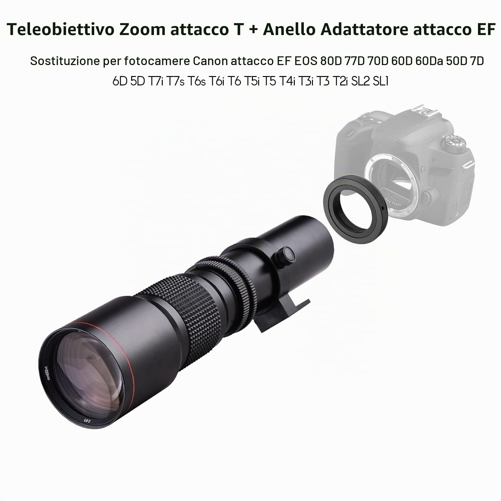 Teleobiettivo Zoom 500mm F/8.0-32 Obiettivo Manuale con Teleconvertitore 2X 500mm e Adattatore T2-, Attacco per Treppiede, Kit Teleobiettivo per Fotografia Naturalistica,