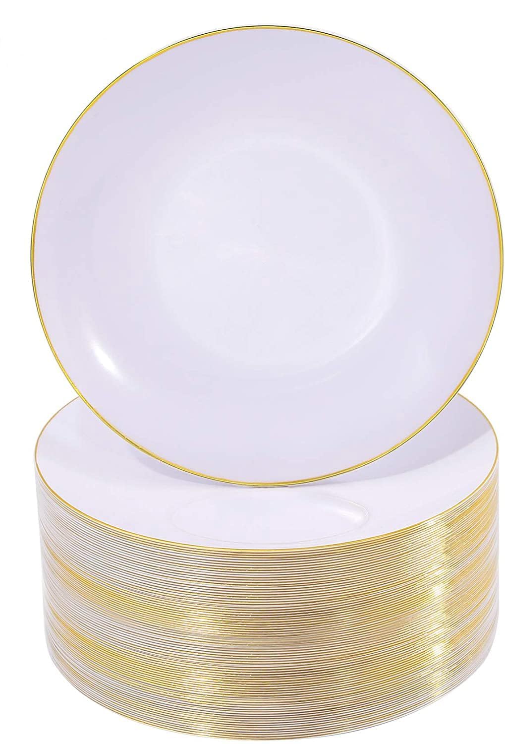 Nervure 100Pieces White with Gold Rim Plastic Plates - 7.5inch Disposable Gold Salad/Dessert Plate - White and Gold Plastic Plates Ideal for Wedding & Party