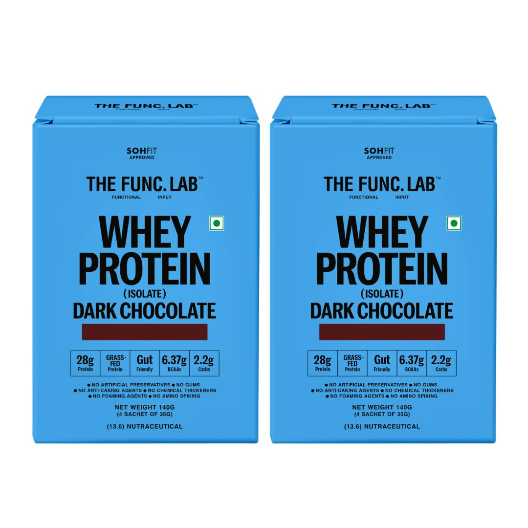 The Func. Lab Whey Protein Isolate - Dark Chocolate Travel Packs | (4 * 35g Sachets) Pack of 2 | Grass‑Fed, 28g Protein per Sachet | High Protein Supplement with Digestive Enzymes for better Absorption