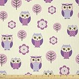 Lunarable Owls Fabric by The Yard, Owl Cartoon Pattern Feminine Soft Colors Happy Springtime, Stretch Knit Fabric for Clothing Sewing and Arts Crafts, 1 Yard, Yellow Purple