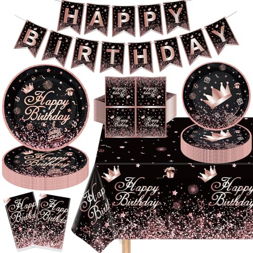 123 Pack Noir et Rose Gold Party Supplies Noir Rose Anniversaire Décorations fête Set Noir Or Rose fournitures