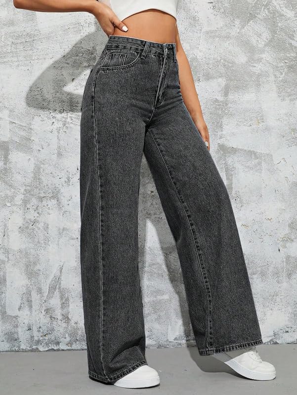 Image of DEELMO Women's High Waist Wide Leg Denim Jeans for Women | Straight Fit Full Length Casual Wear Pants