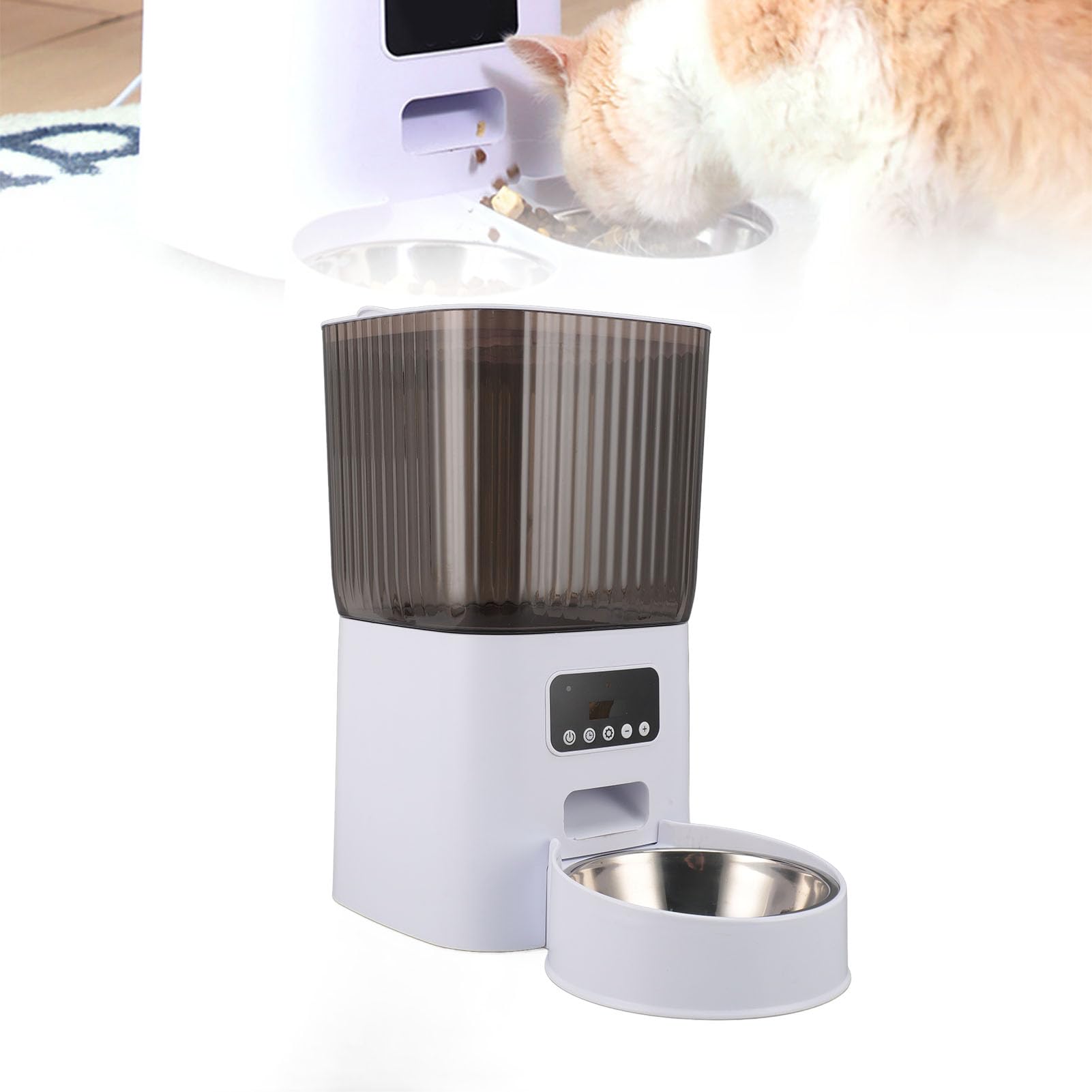 Comedero Automático para Gatos, Dispensador de Comida para Gatos de Gran Calibre, Capacidad de 5 litros, Compartimento de Dos Capas, Cuencos de Acero Inoxidable 304, (Cuenco