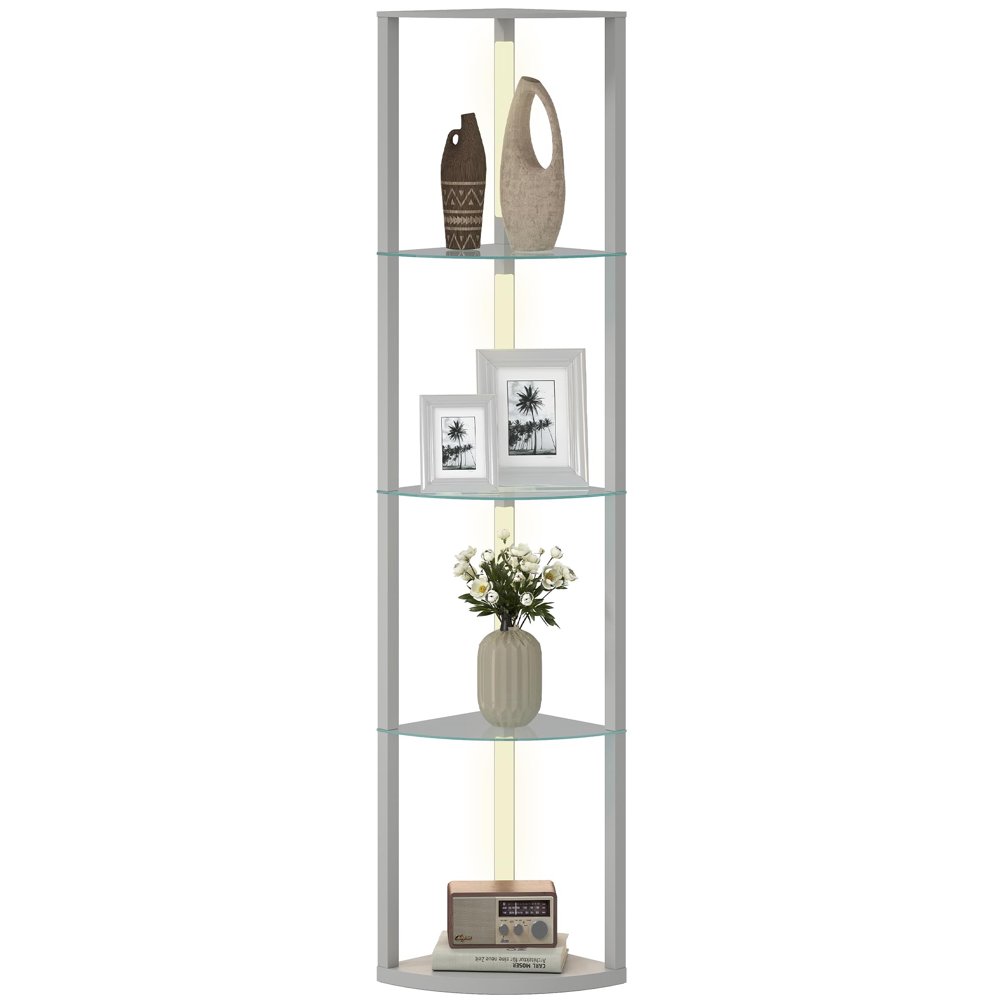 Homcom Grey Led Floor Lamp With Shelves, Dimmable Standing Lamp With 3 Brightness Levels And Foot Switch, Modern Corner Floor Lamp For Living Room, Bedroom,