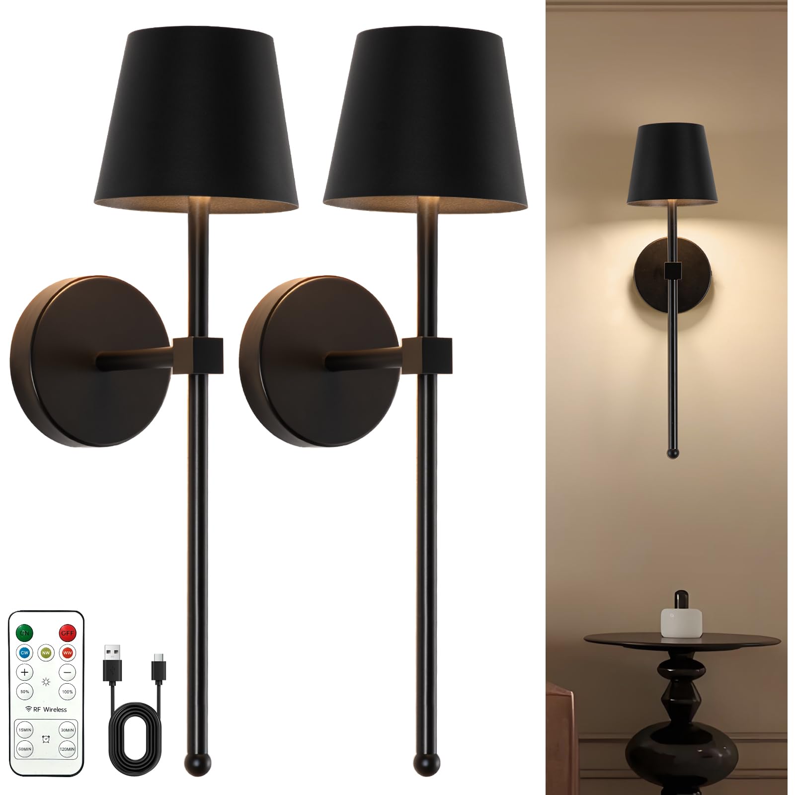 Luces de pared que funcionan con pilas, luces de pared recargables negras de 10000 mAh, paquete de 2 apliques de pared inalámbricos de metal vintage para sala de estar, dormitorios, garaje