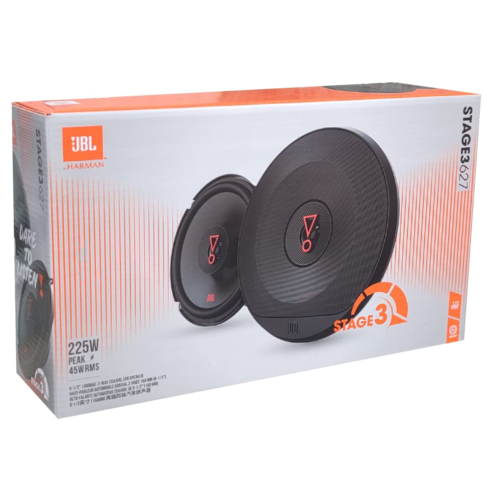 2 altoparlanti JBL STAGE3 627 coassiali 2 vie 6,5" 16,00 cm 160 mm 45 watt rms 225 watt max impedenza 3 ohm 92 db spl auto, a coppia