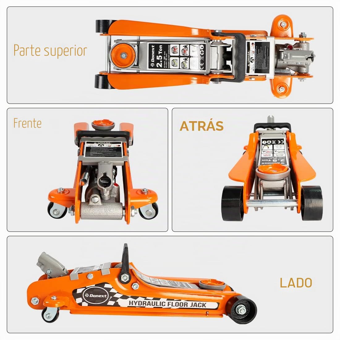 Gato de Piso de Acero Resistente de 2.5 toneladas de Perfil bajo y elevación rápida, Color Naranja