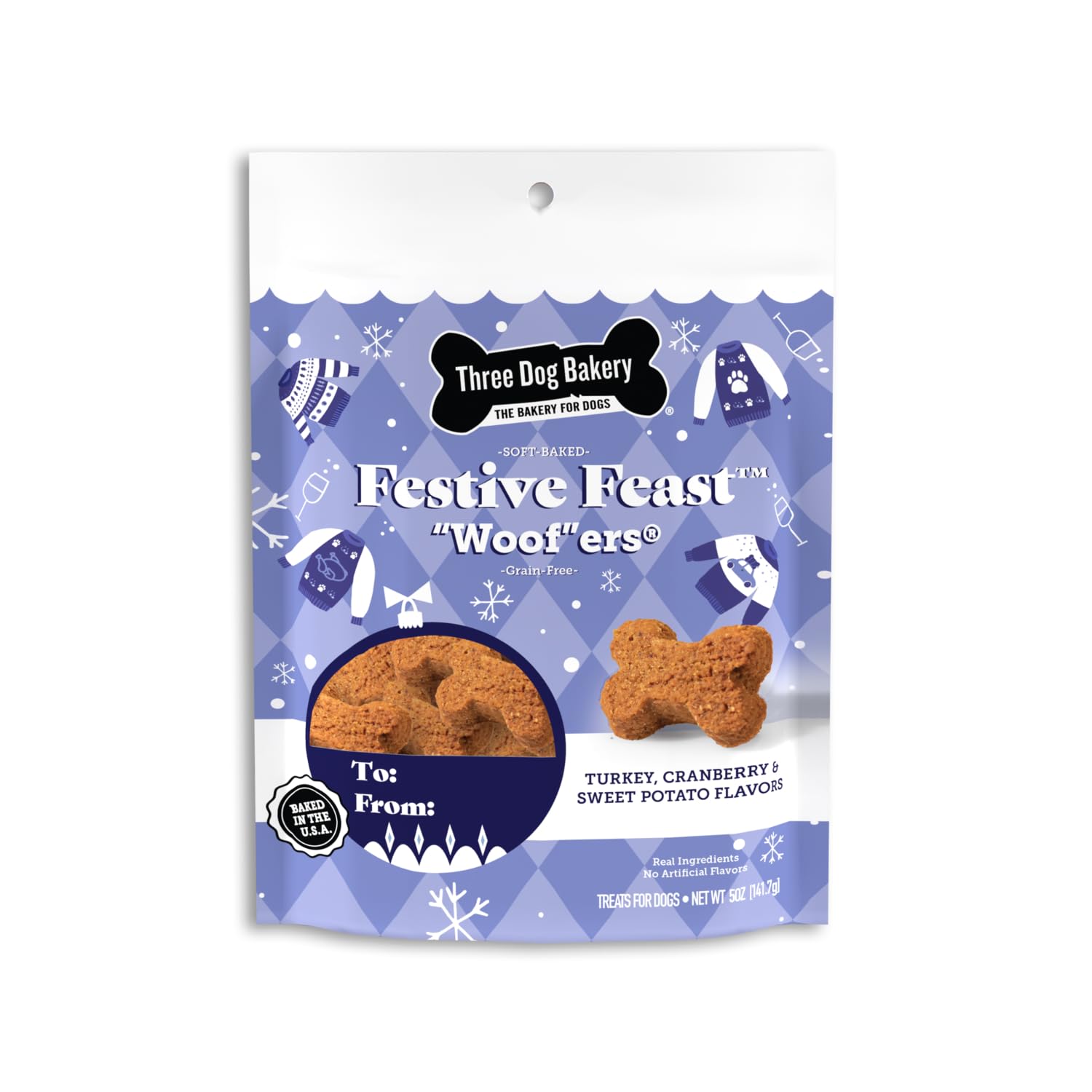 Three Dog Bakery Festive Feast 'Woof'ers With Turkey, Sweet Potato, & Cranberry - Thanksgiving Treats, Holiday Cookies, Soft-Baked Snacks for Training