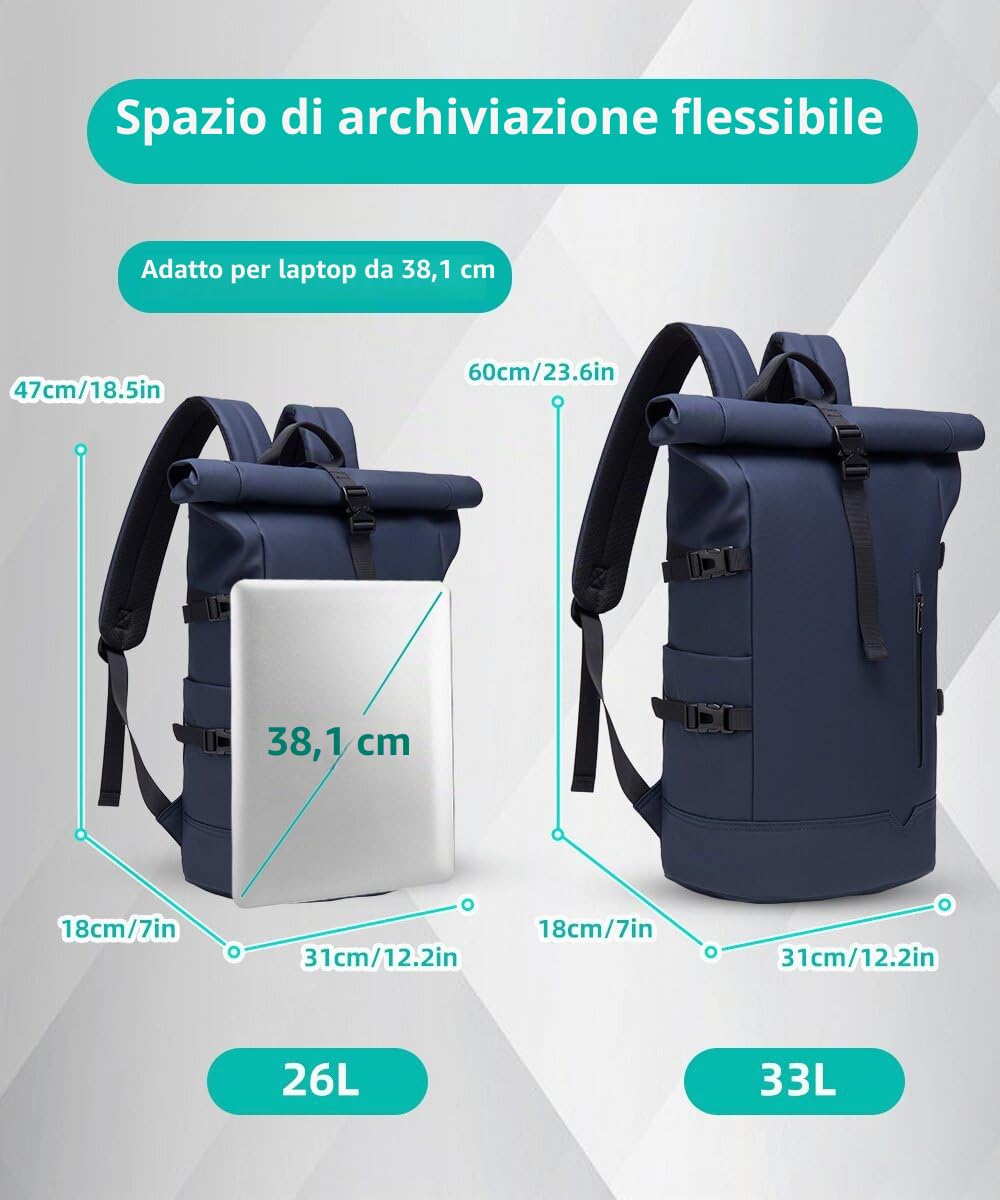 Zaino Rolltop da Viaggio 15.6 Pollici Porta PC Impermeabile Lavoro Uomo Università per Viaggio Escursionismo Campeggio Università-Blu