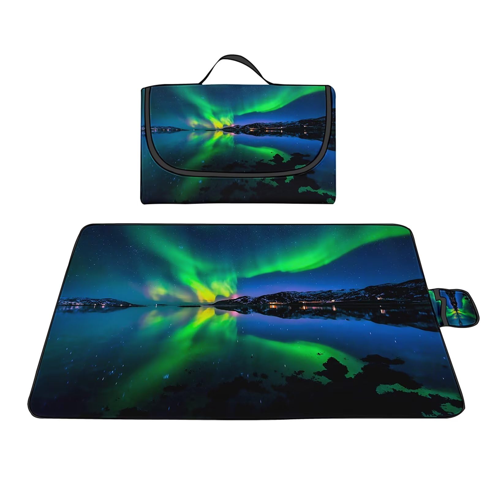 Couverture Pique-nique Imperméable 200x200cm,Couverture Plage Extérieure XXL Tapis de Plage,Magnifique lac Aurora Camping Couverture étanche Pique-nique avec Poignée pour Camping Randonnée Parc Plage