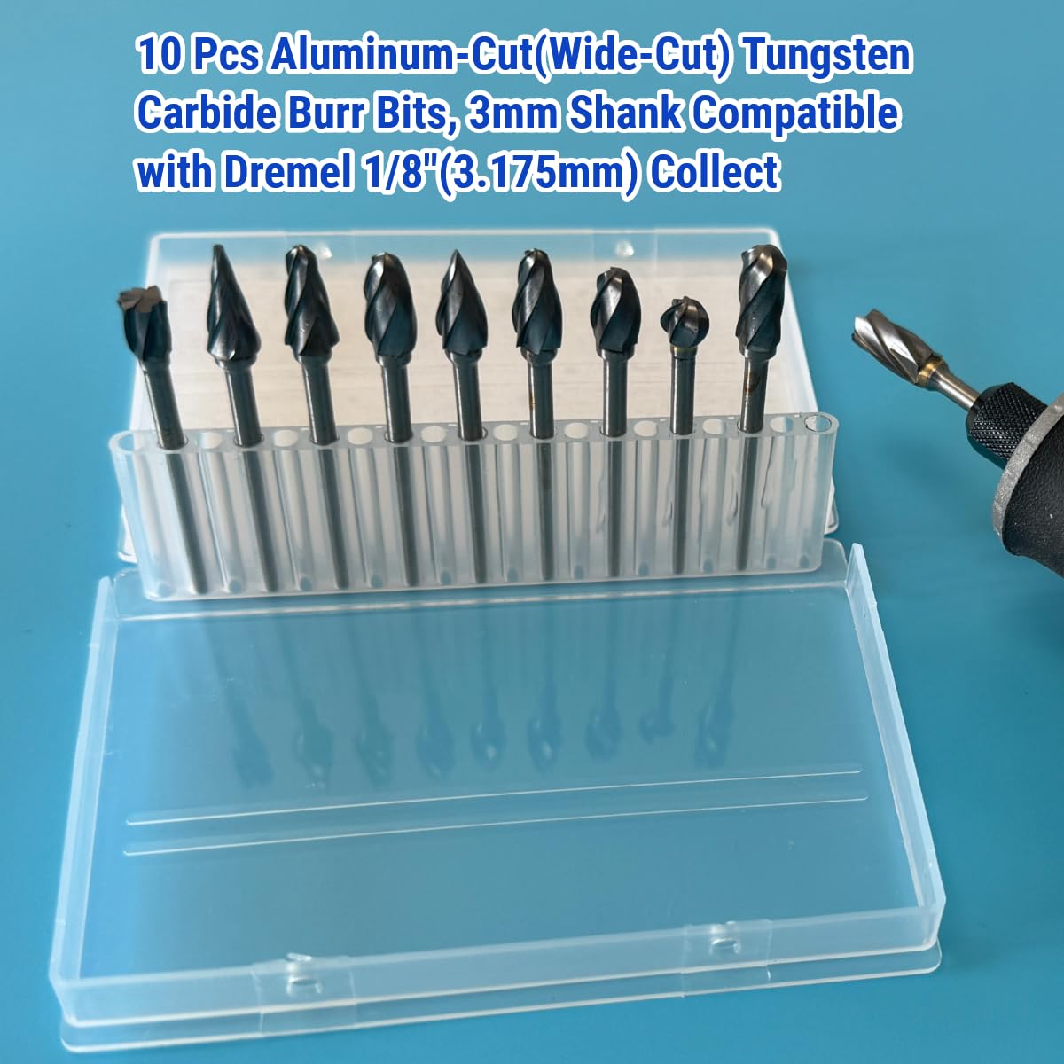 Sworker 10 Pcs Carbide Burr Set 1/8" Shank Compatible with Dremel Bits Aluminum Cut (Wide-Flute Cut) Rotary Tools Attachment Kit Rasp Drill Accessories Metal Wood Stone Steel Grinding Carving Cutting — Amazon image 6