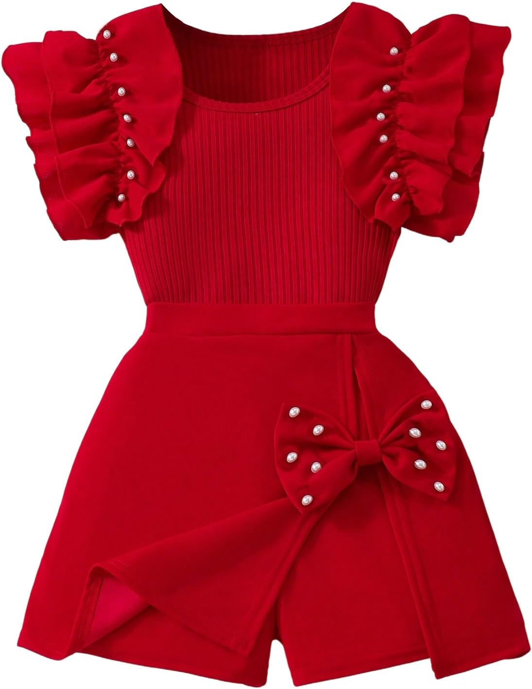 OYOANGLE Girl's 2 Piece Pearl Skirt Set Ruffle Butterfly Sleeve Top and Bow Short Skirt Cute Outfits