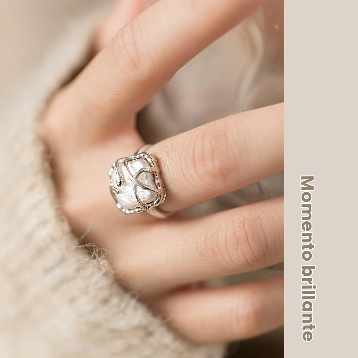 IMINI Anillo de plata de ley 925 con perla barroca irregular para mujer y niña, anillo de moda ajustable para mujer y niña, regalo de cumpleaños o San Valentín, plata de ley, perla, Plata de ley,