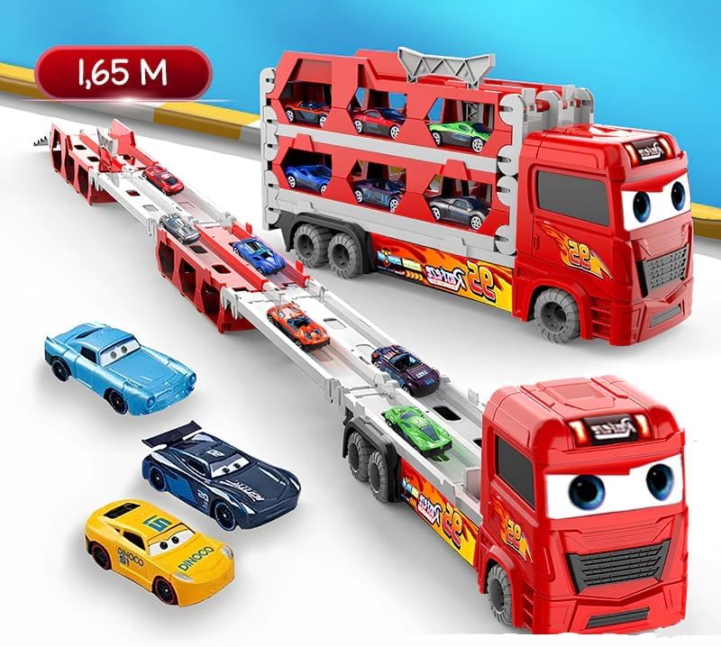 Image of WireScorts Big Hauler Storage & Deform Transport Truck Toy with 2 Foldable Ejection Race Track & 2 Pcs Die cast Cars for Kids Boys Girls 3+ Years - Red