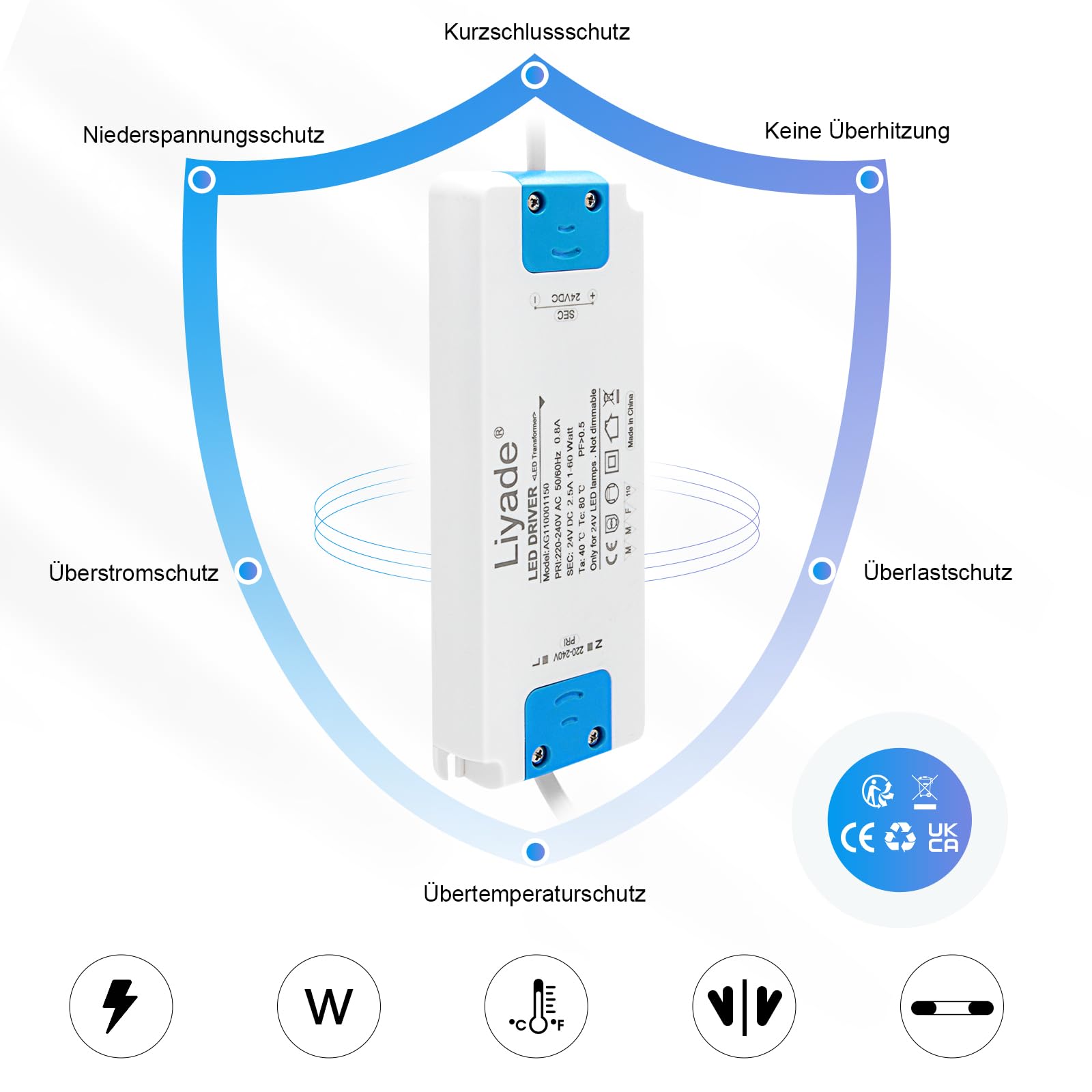 Led-voeding 24 V 60 W, ultradunne driver 2,5 A, transformator 230 V naar 24 V, transformator AC naar DC schakelt laagspanningstransformator, driver voor verlichting, lampen en lichtstrips