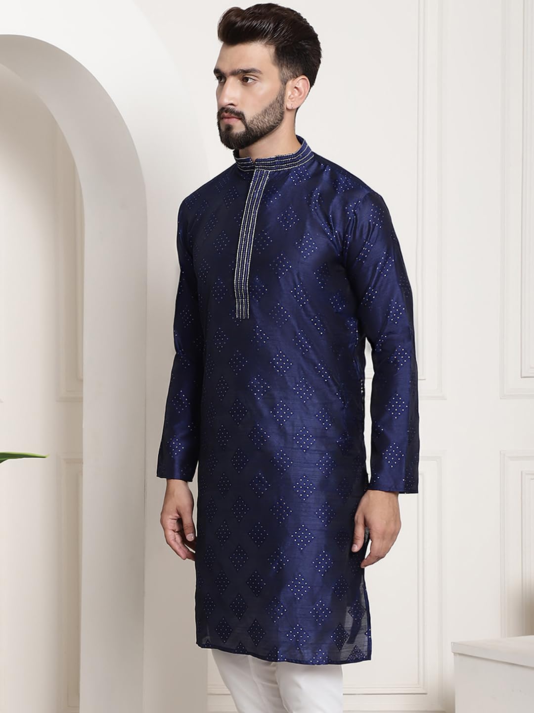 Sojanya (Since 1958 Men's Jacquard Silk Navy Blue & Gold Self Design Only Long Kurta