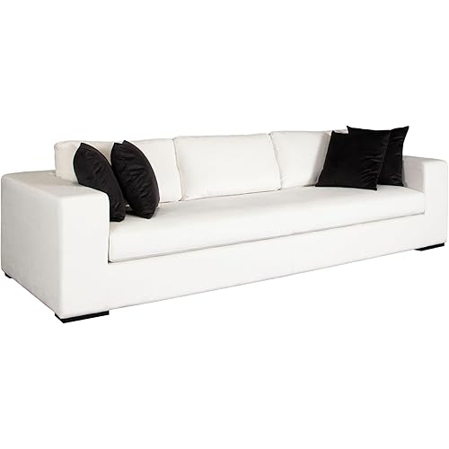 Benzara Lipi Modern Sofa, Mist White Fabric w Track Arms, 110 Inch, 4 Accent Pillows