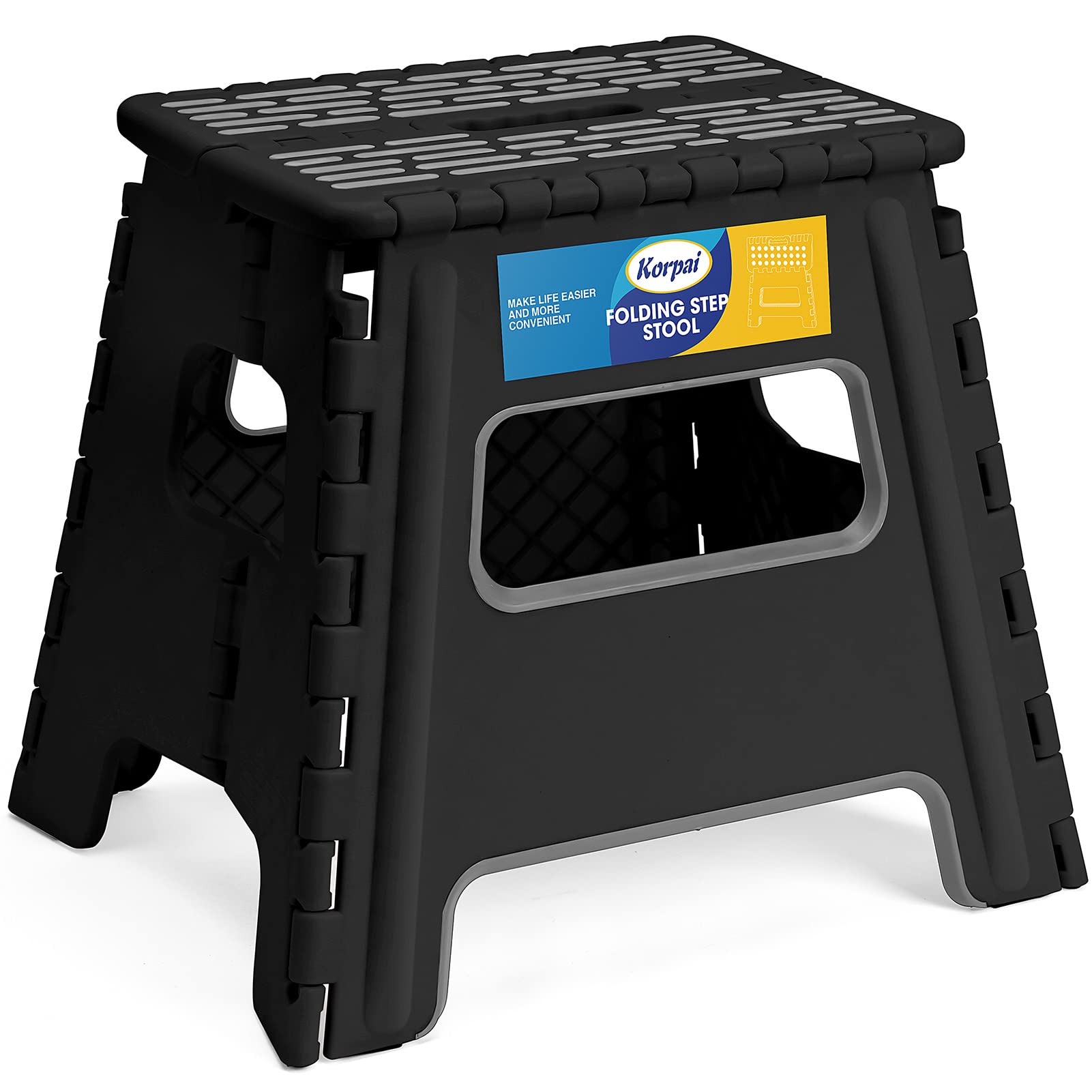 Korpai Upgrade 13" Folding Step Stool for Adults Kids Holds Up to 300 lbs,Non-Slip Folding Stools with Portable Handle, Compact Plastic Foldable Step Stool for Bathroom,Kitchen,Black,1PC