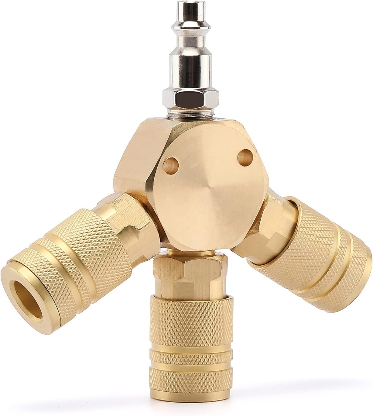 Air Splitter, 1/4 Inch NPT 3-Way Air Manifold with 3 Pieces Brass Industrial Quick Couplers Hex Style 3 Quick Brass Coupler and 1/4 Inch MPNT Plug Brass Hose Barb Tee, 3-Way Tee Hose Fitting