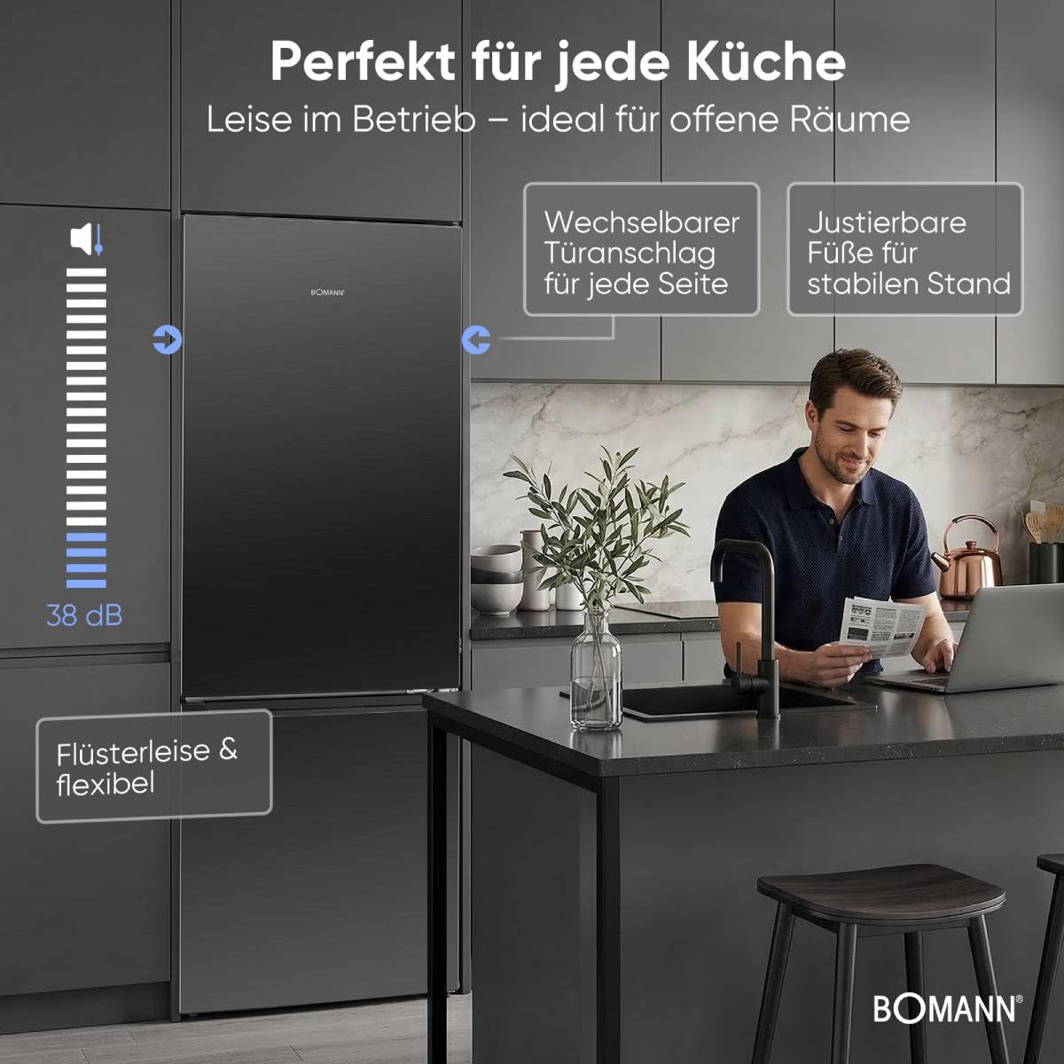 Bomann® Kühlschrank mit Gefrierfach | Energieklasse C | 176cm | LowFrost | 5 Jahre Kompressor-Garantie | Kühl Gefrierkombination leise | Türanschlag wechselbar | Kühlgefrierkombi | KG 7369 schwarz