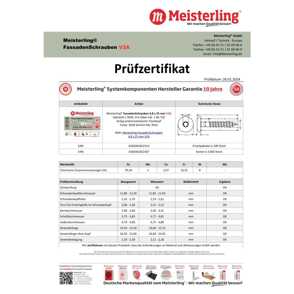 Lot de 100 vis de façade Meisterling - En acier inoxydable V2A - Avec tête plate - 4,8 x 25 mm, blanc